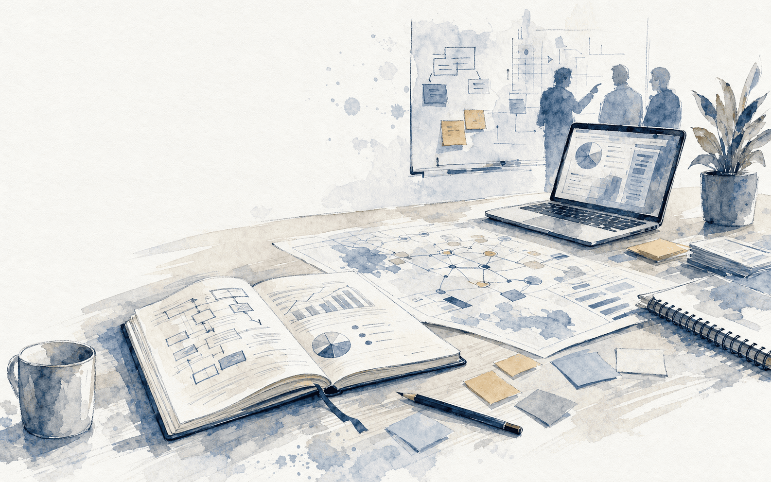 Escritorio de trabajo con libreta, mapas de procesos y máquina de escribir
