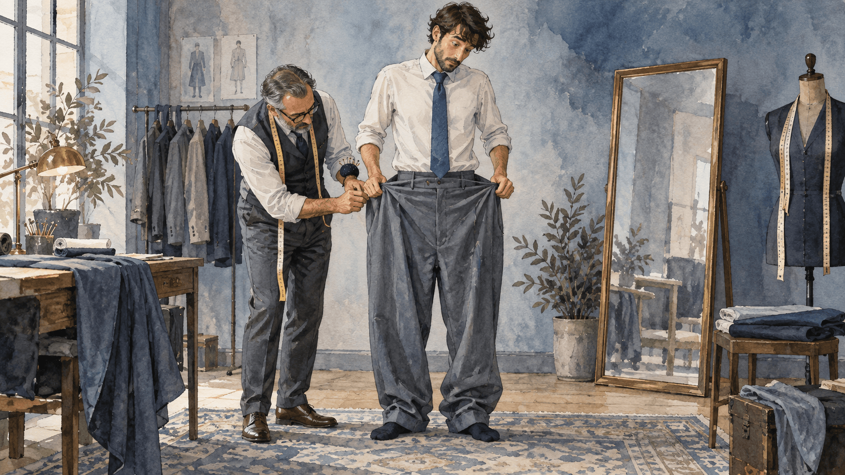 Un sastre mide a un cliente que lleva un pantalón demasiado grande