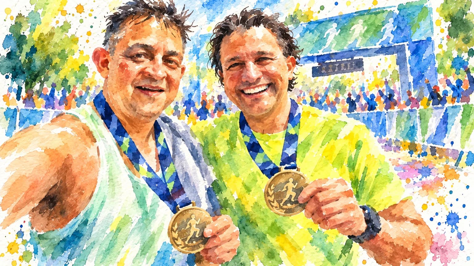 Dos corredores celebran con sus medallas después de completar una maratón